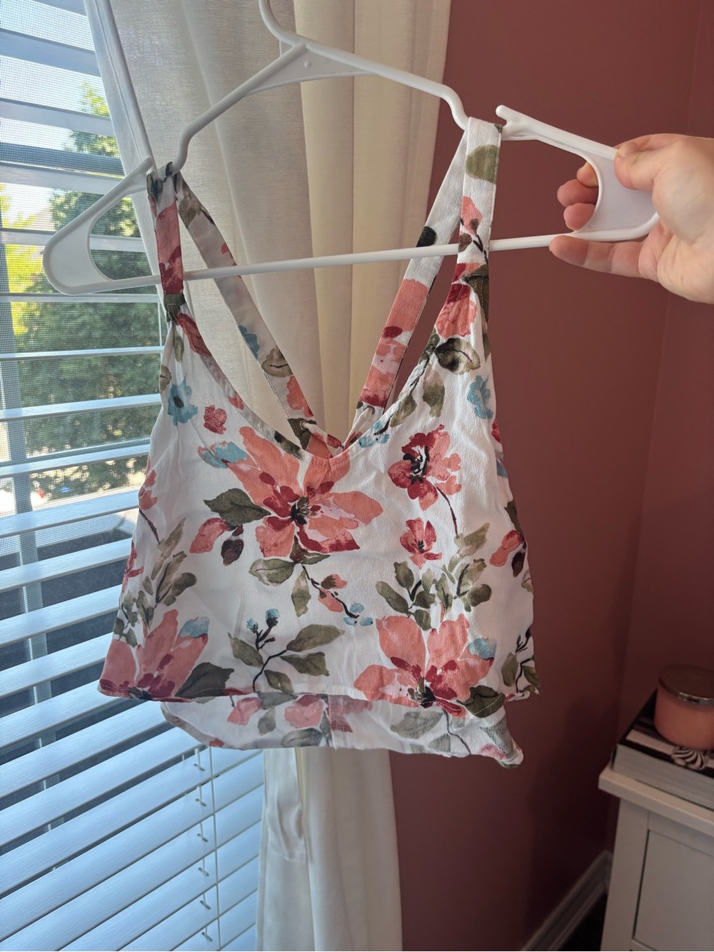 Forever 21 White Floral V-Neck Cropped Tank with Pink & Green Blooms